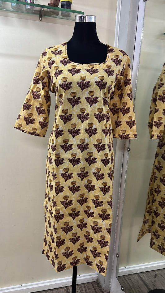 Women’s Beige Cotton Printed Straight fit kurti
