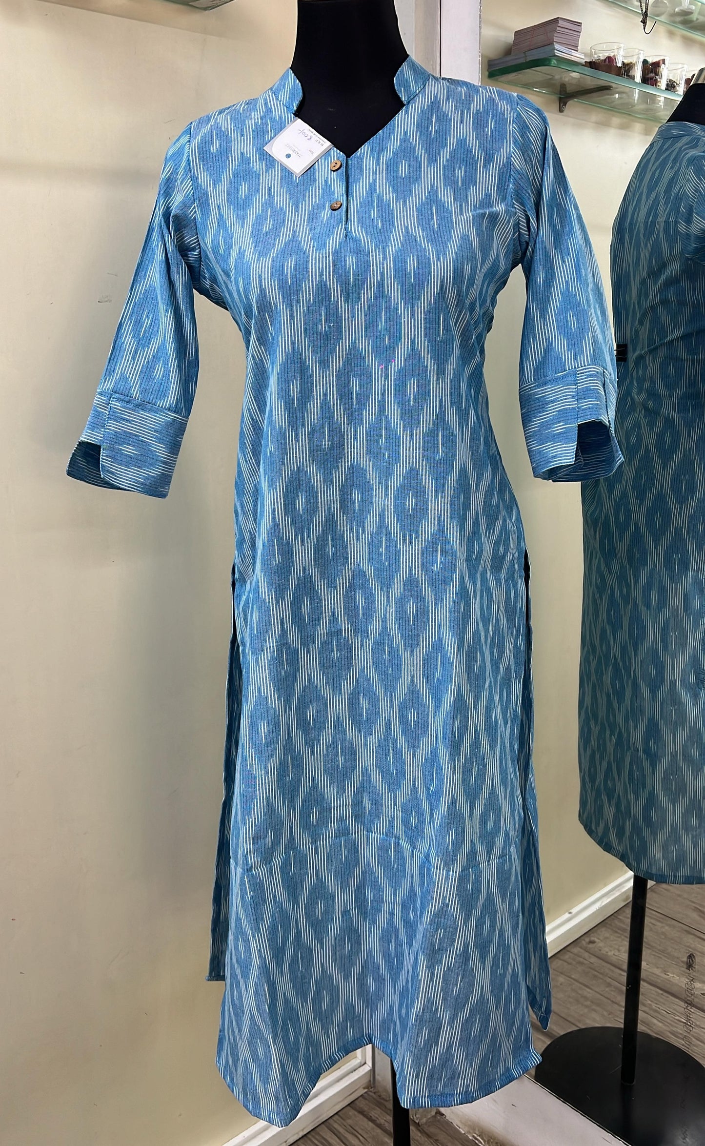 Women’s Blue Ikkat Cotton Printed Straight Kurti