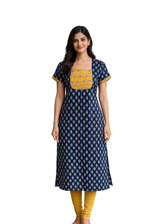 Women’s Navy Blue Cotton Printed Straight Kurti with Contrast Yoke