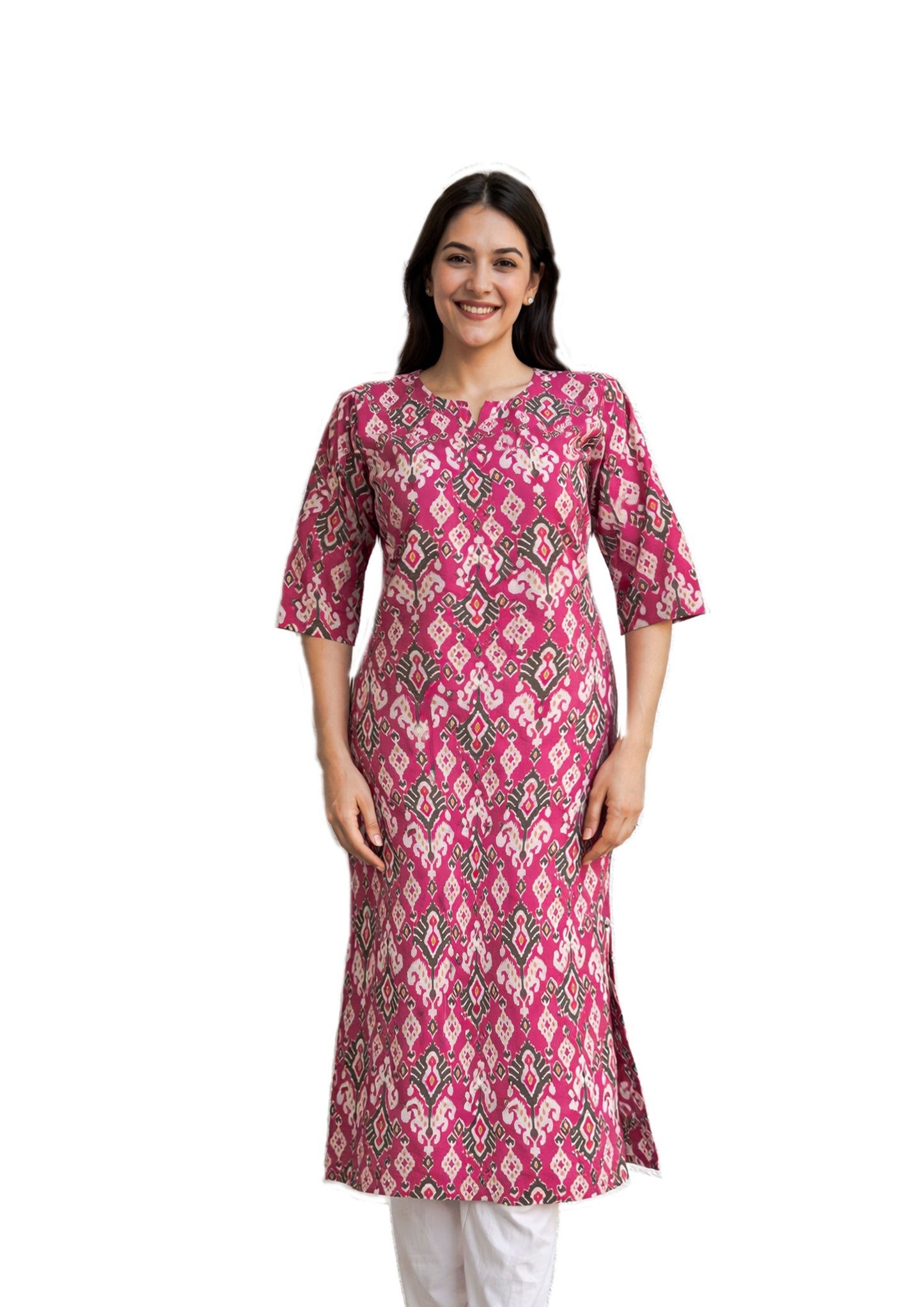 Women Printed Straight Kurti | Ikat Pattern | 3/4 Sleeve