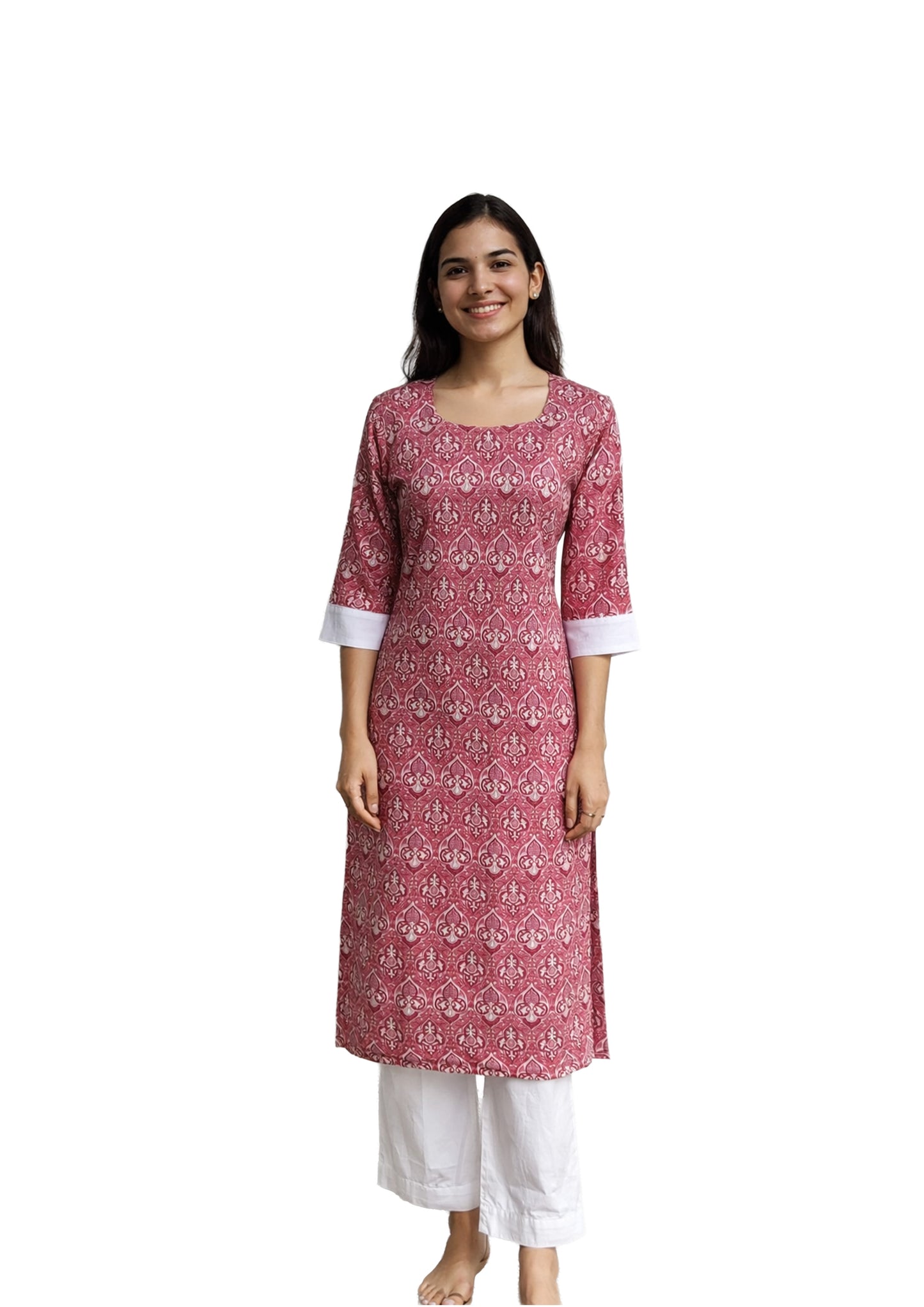 Women Printed Straight Kurti | Square Neck | 3/4 Sleeve with Contrast Cuffs |