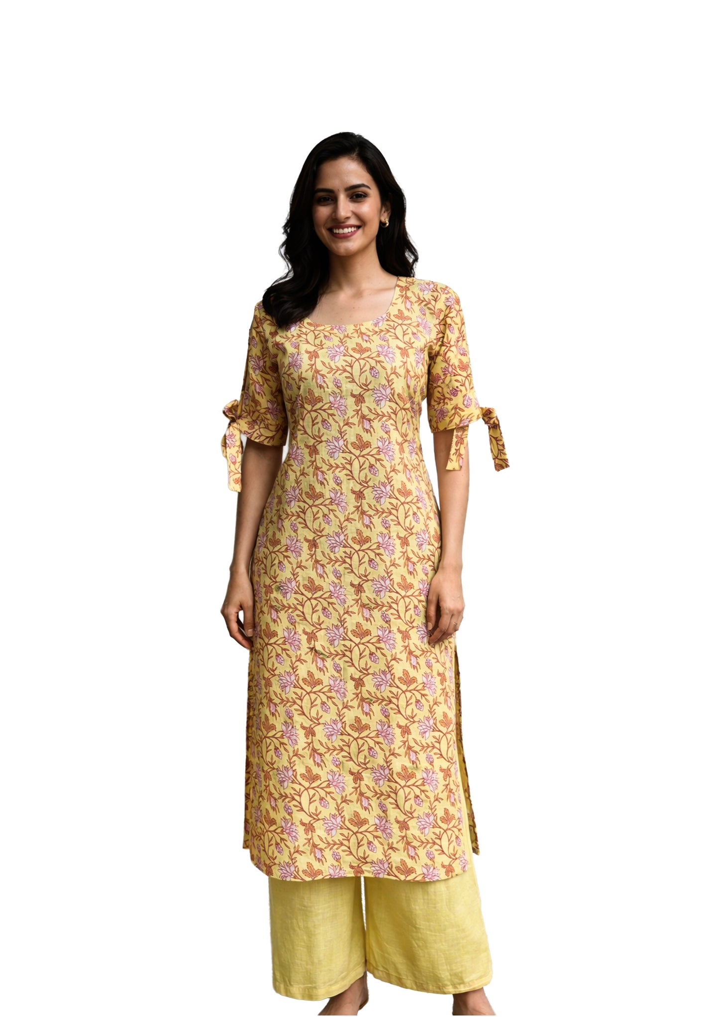 Women Floral Printed Straight Kurti | Square Neck | 3/4 Sleeve Tie-Up | Comfortable Daily & Office Wear