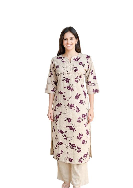 Women’s Beige Floral with floral Printed Straight Kurti