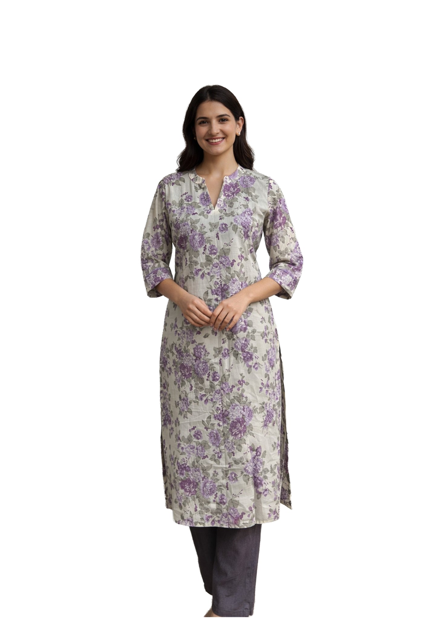 Women’s Floral Printed Straight Kurti with lavender flowers