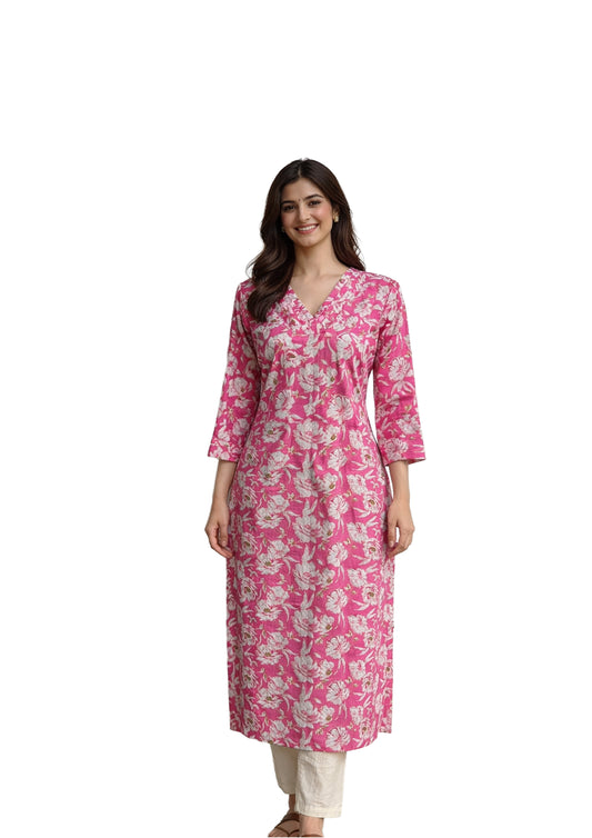 Women’s Floral Printed Straight Kurti with Palazzo – Pink