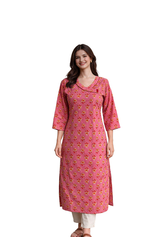Women’s Pink Ethnic Motif Printed Straight Kurti