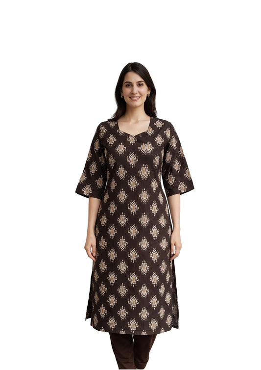 Women’s Brown Printed Straight Kurti with V-Neck