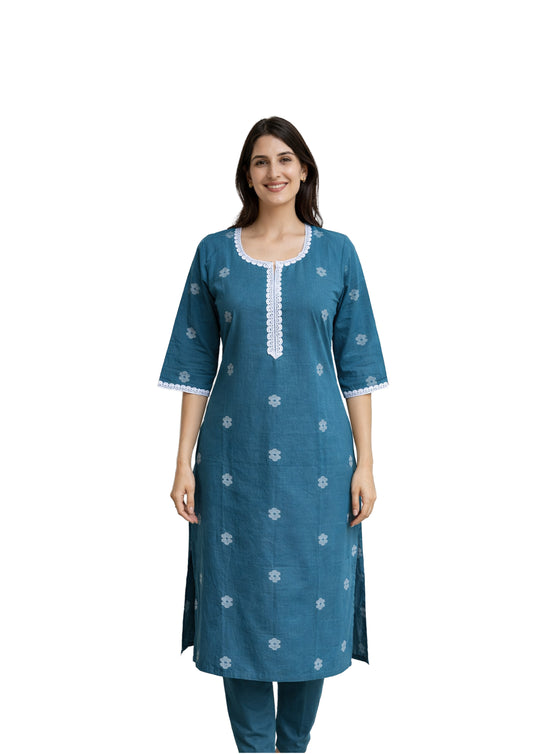 Women’s Teal Blue Embroidered Straight Kurti