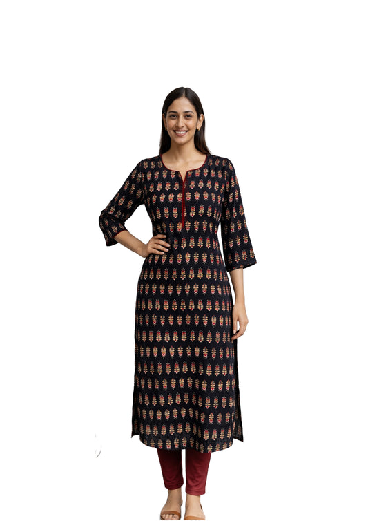 Women’s Black Printed Straight Kurti with Round Neck