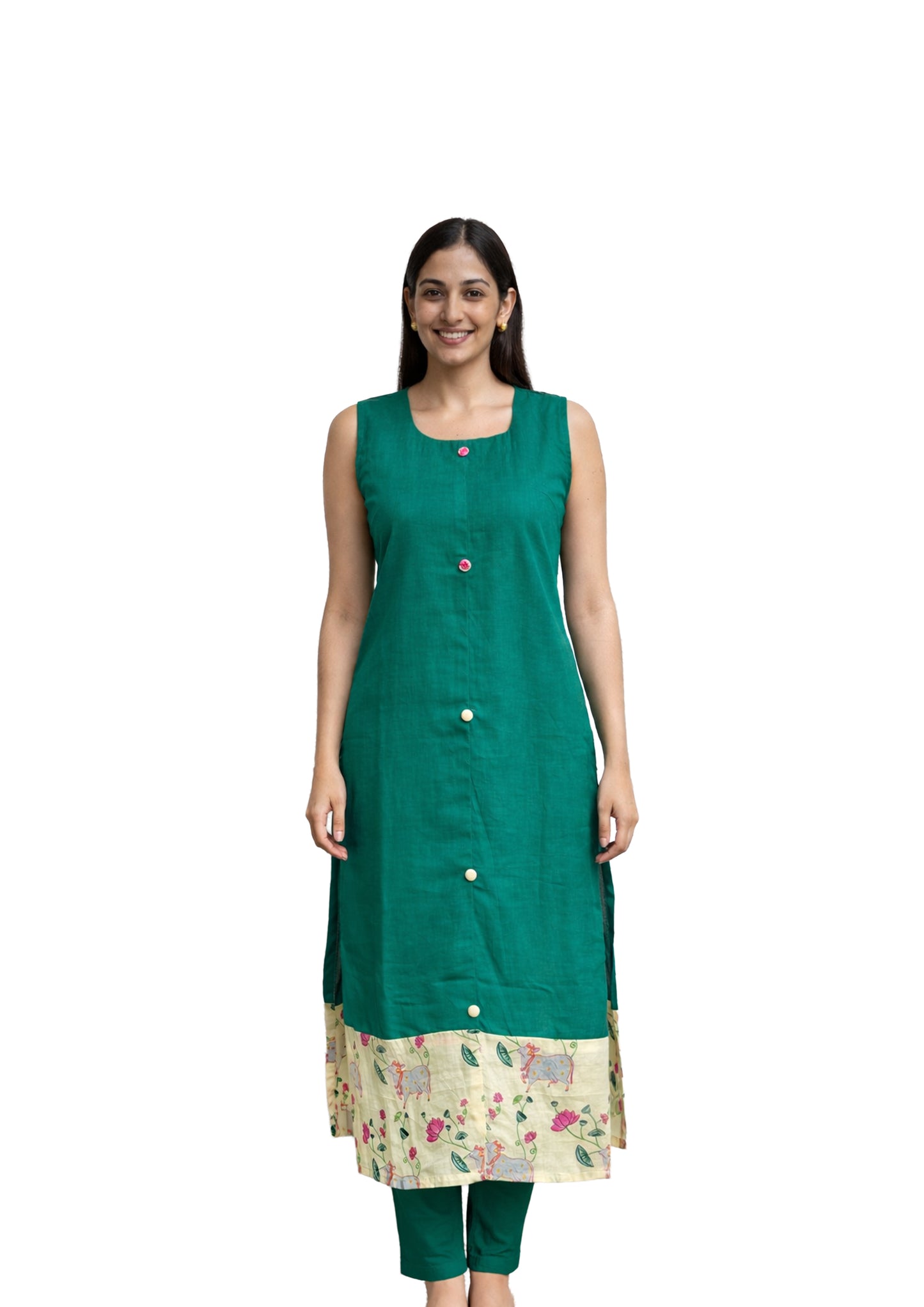 Women’s Green Sleeveless Straight Kurti with Pichwai Printed Layer