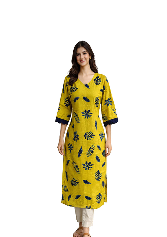 Women’s Yellow Leaf Printed Straight Kurti