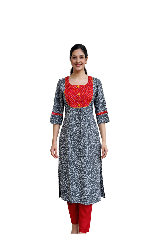 Women’s Grey Printed Straight Kurti with Red Contrast Yoke