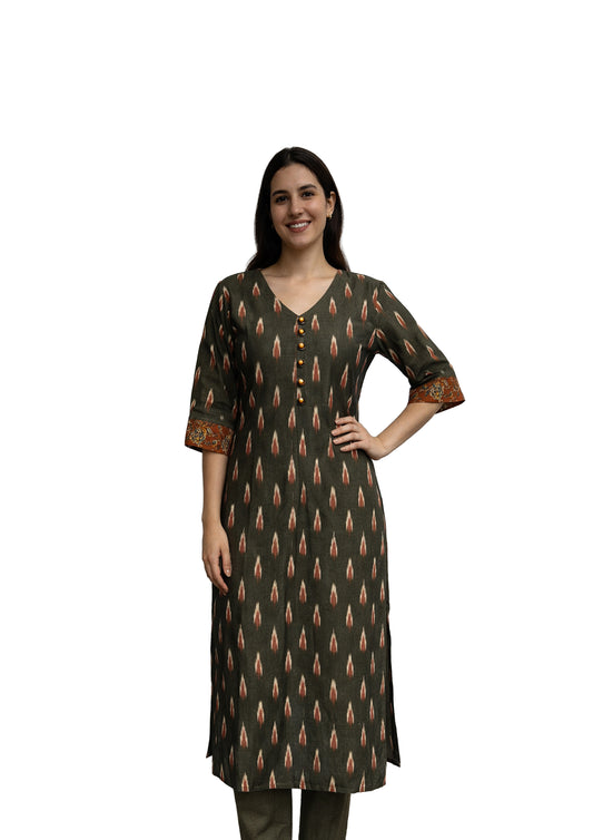 Women’s Olive Green Ikat Print Straight Kurti with Wooden Buttons