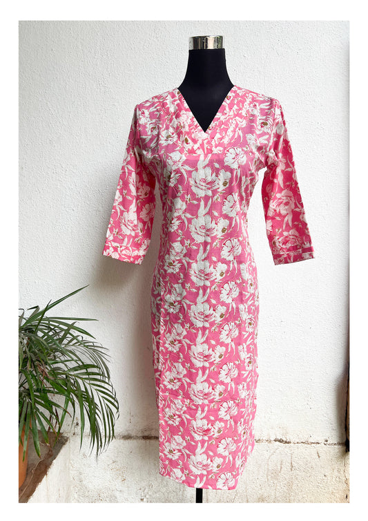 Women’s Floral Printed Straight Kurti with Palazzo – Pink