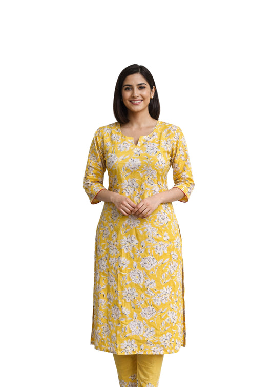 Women’s Yellow Floral Printed Straight Kurti with Three Quarter Sleeves