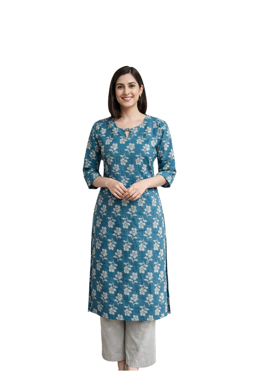Women’s Teal Blue Floral Printed Straight Kurti with Three Quarter Sleeves