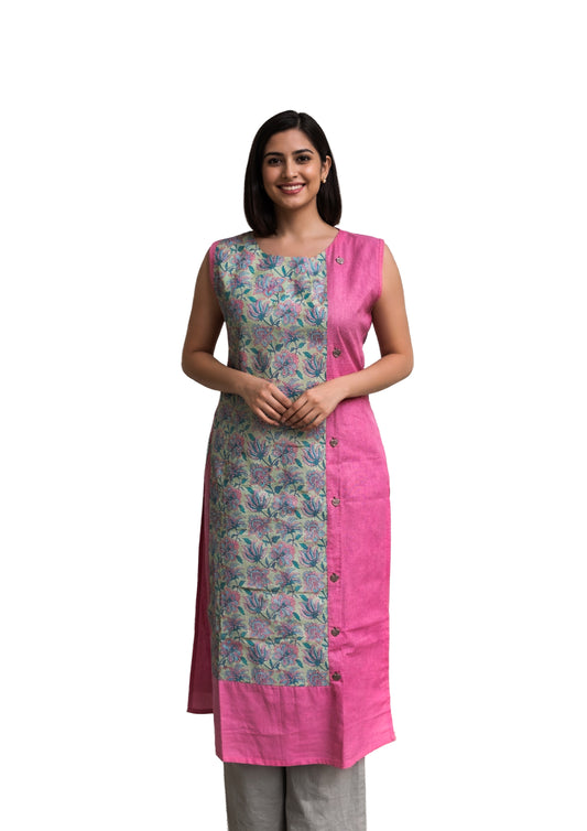 Women’s Pink & Green Floral Printed Straight Kurti with Sleeveless Design