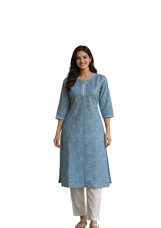 Women’s Sky Blue Floral Printed Straight Kurti with Embroidered Neckline