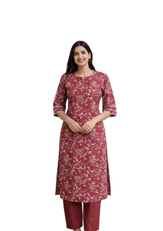 Women’s Floral Printed Straight Kurti with Contrast V-Neck & Sleeve Borders
