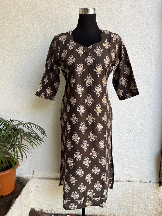 Women’s Brown Printed Straight Kurti with V-Neck