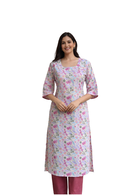 Women’s Pastel Floral Printed Straight Kurti with Square Neck