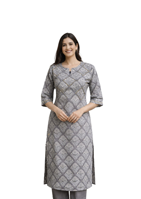 Women’s Grey Motif Printed Straight Kurti