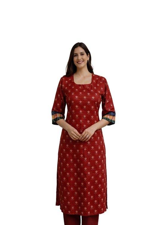 Women’s rust orange with floral Motif Printed Straight Kurti with Contrast Sleeve Border