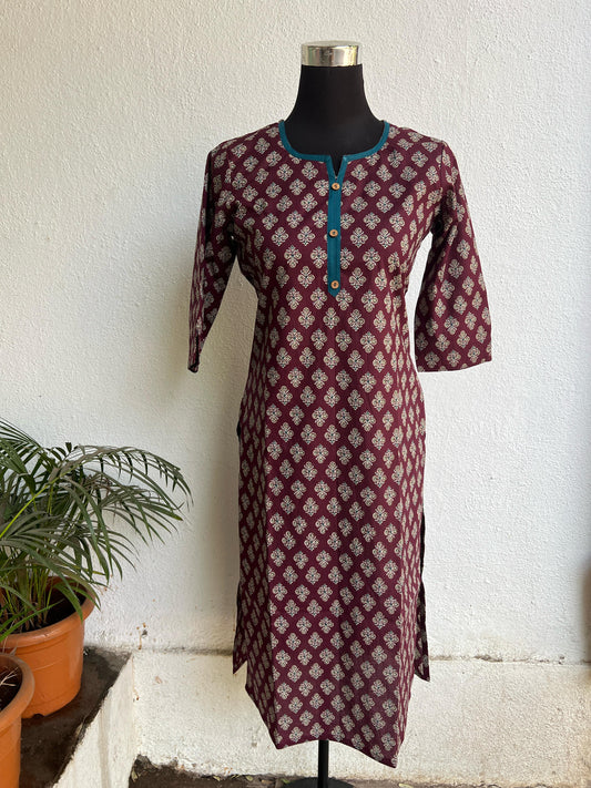 Women’s Maroon Ethnic Motif Straight Cotton Kurti with Contrast Placket