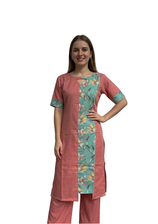 Women’s Peach & Aqua Floral Panel Straight Kurti
