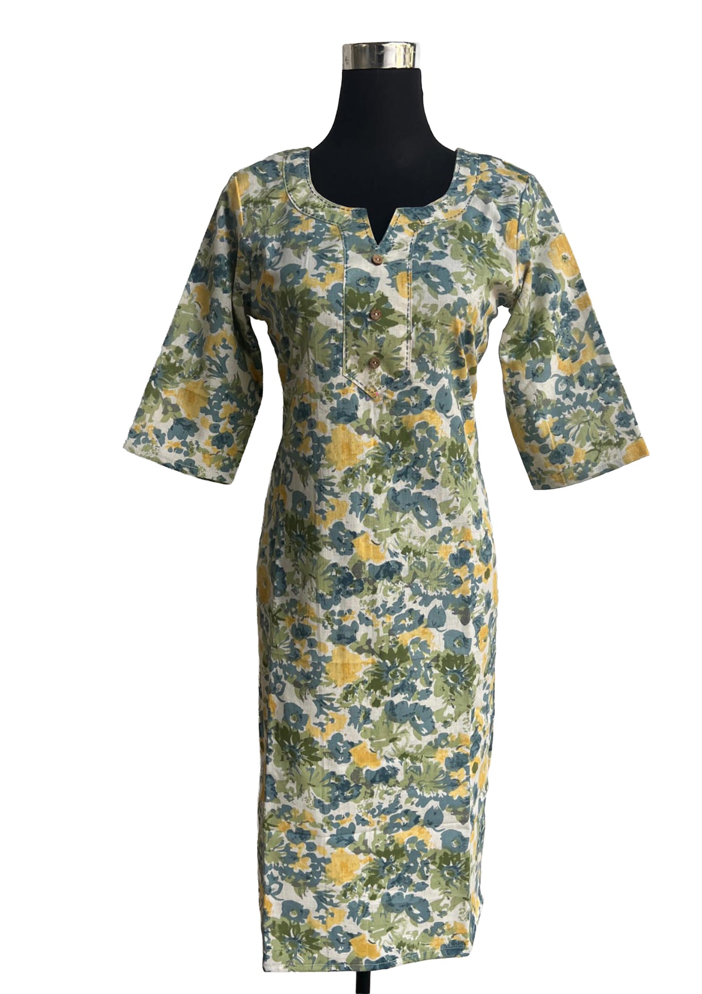 Women’s Green & Yellow Floral Printed Straight Kurti with Three Quarter Sleeves