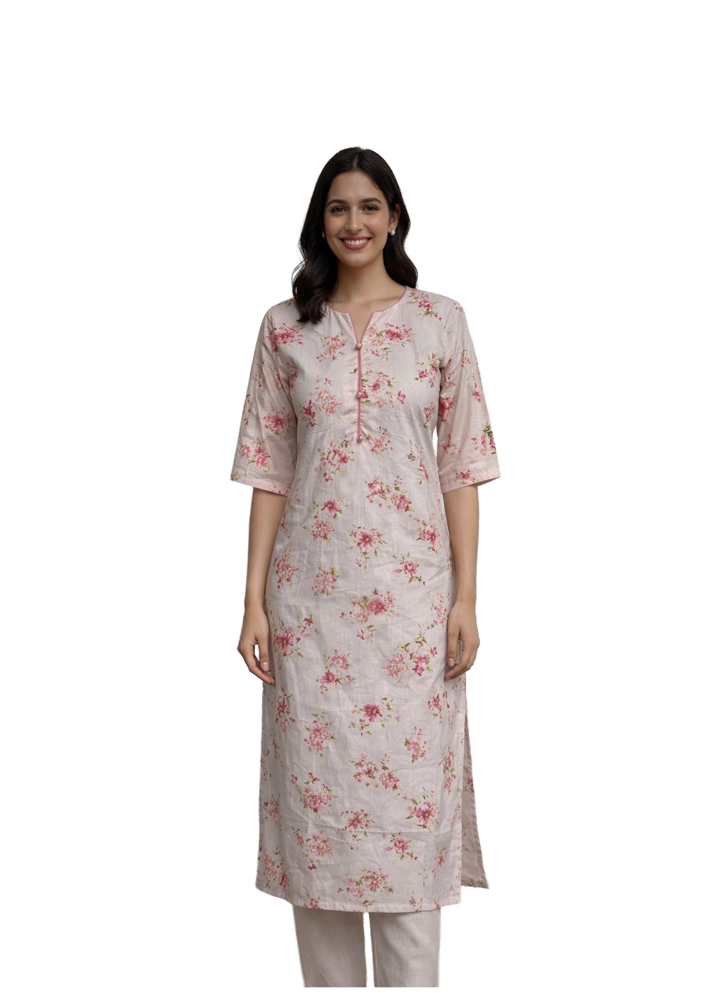 Women’s pink Floral Print Straight Cotton Kurti