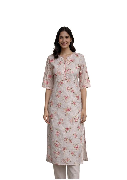 Women’s Cream Floral Printed Straight Cotton Kurti