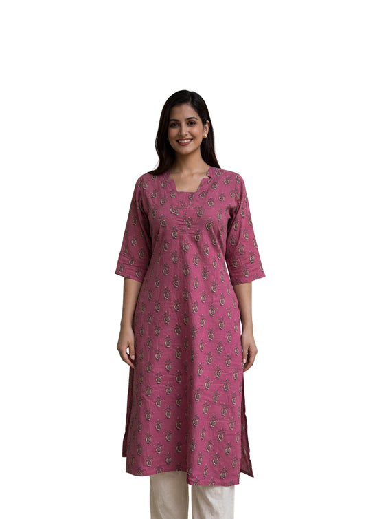 Women’s Rose Pink Ethnic Motif Straight Cotton Kurti