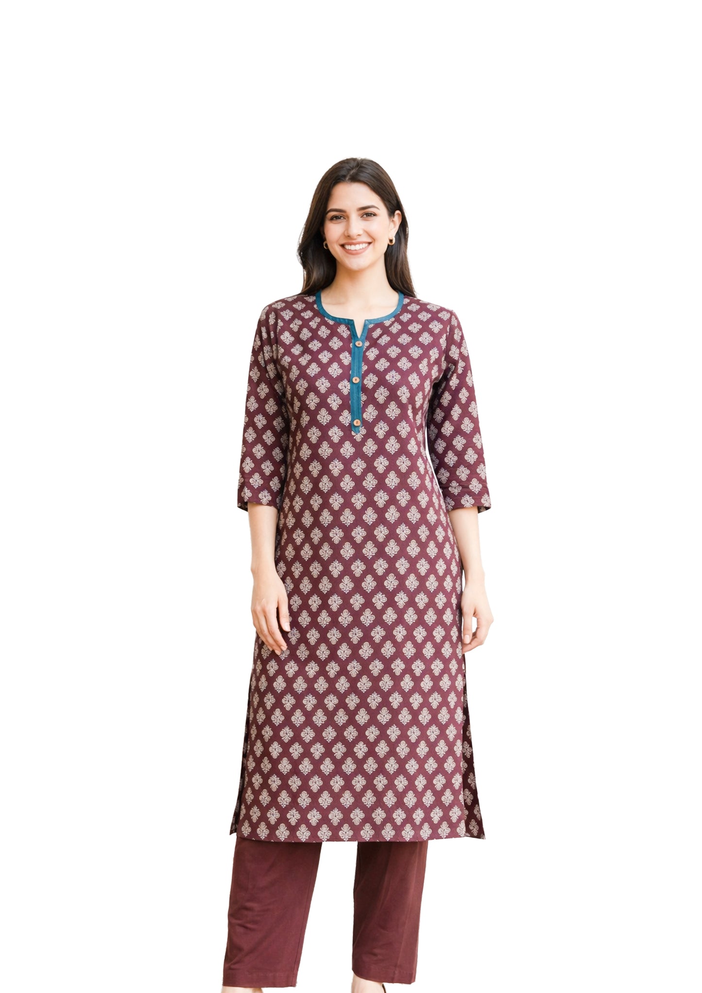 Women’s wine colour floral Motif Straight Cotton Kurti with Contrast Placket