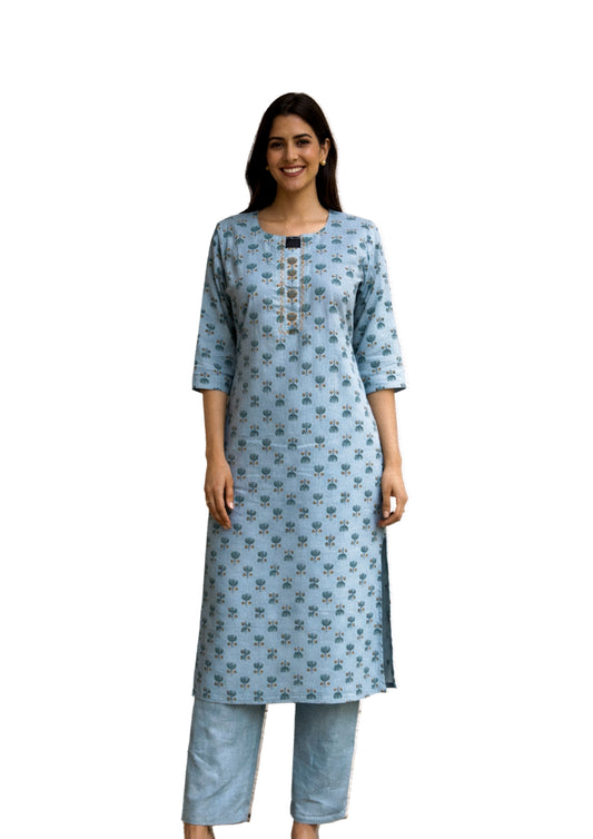 Women’s Light Blue Floral Printed Straight Kurti