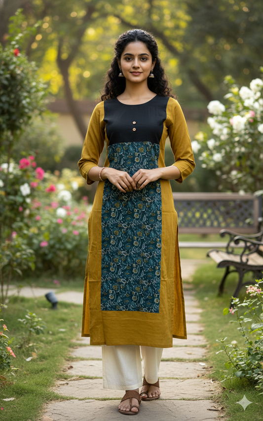 Women's Mustard Yellow, Deep Black, and Printed Teal Blue Long Top