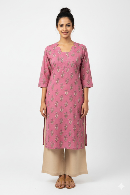 Women's Kurta / Long Top with Gentle mauve/dusty rose hue with a repeating, detailed motif block print in a muted beige or gold-tone
