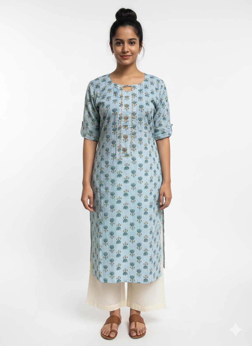 Women's Long Top or Kurta with Serene Blue Printed Kurta with Yoke Detail