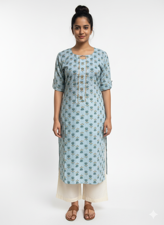 Women's Long Top or Kurta with Serene Blue Printed Kurta with Yoke Detail