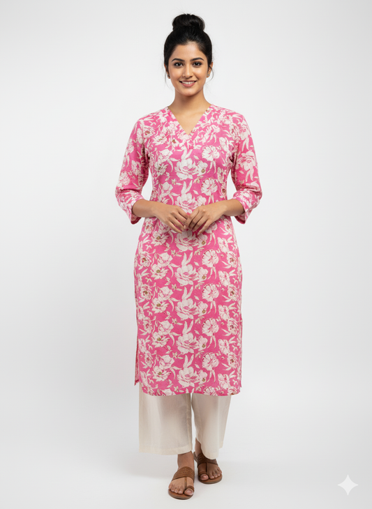 Womens Long Top or Kurta with Vibrant Pink base & White Floral Print