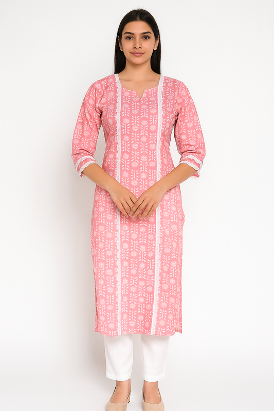 Women's Long Top or Kurta with Blush Pink Kurta with White Lace Inserts