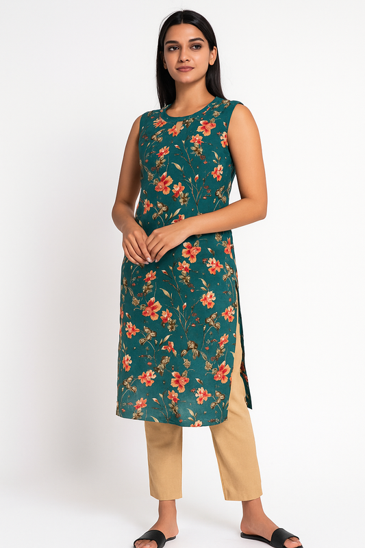 Women's Long Top or Kurta with Teal Floral Sleeveless Kurta