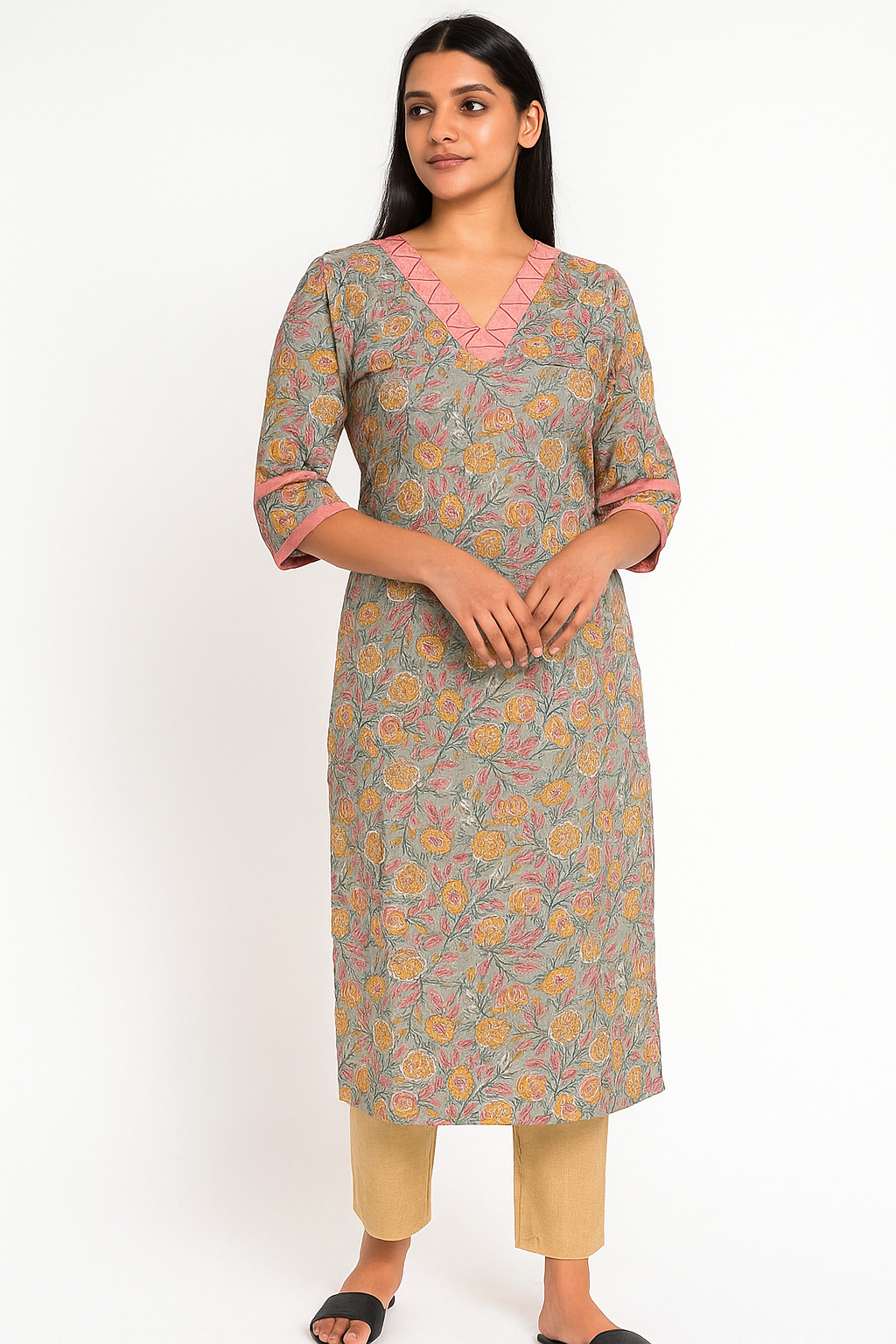 Women's Long Top or Kurti with Sophisticated light grey/olive base complemented by soft peach and yellow floral block printing