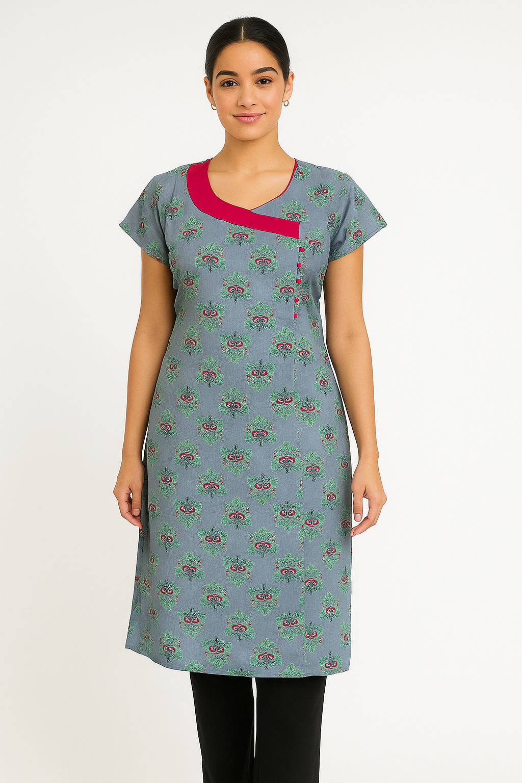 Women's Long top or kurta with Contemporary Slate Grey Kurti with Pink Angrakha Neck Detail