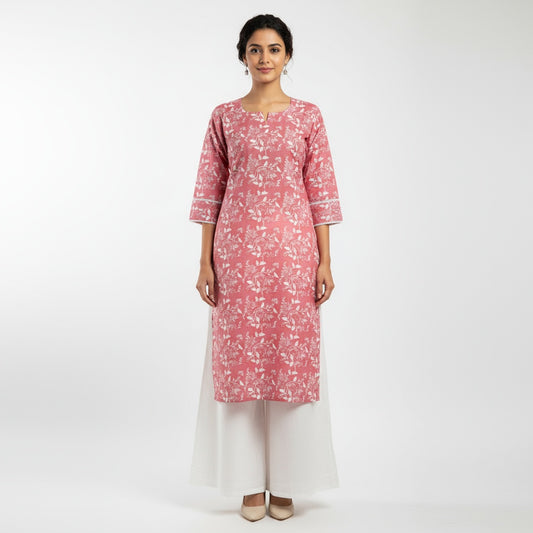 Women's Dusty Pink & White Block Print Straight Kurta / Long Top