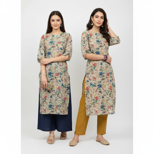 Women's Beige Multi-Color Floral Straight Kurta / Long Top