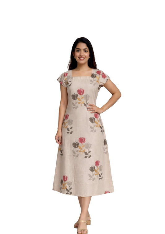 Women’s Elegant Floral Printed Cotton Midi Dress – Square Neck, Cap Sleeves