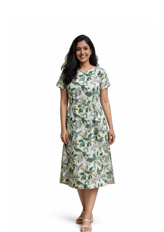 Women’s Leaf Print Cotton Midi Dress with Waist Tie