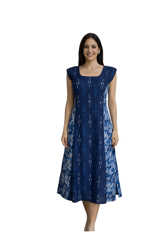 Women's Navy-Blue Cotton Ikat & Floral Print Sleeveless A-Line Kurti