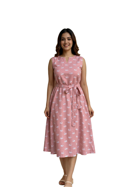 Women’s Blush Pink Swan Print Sleeveless Dress | Round Neck Long Top with Waist Tie-Ups